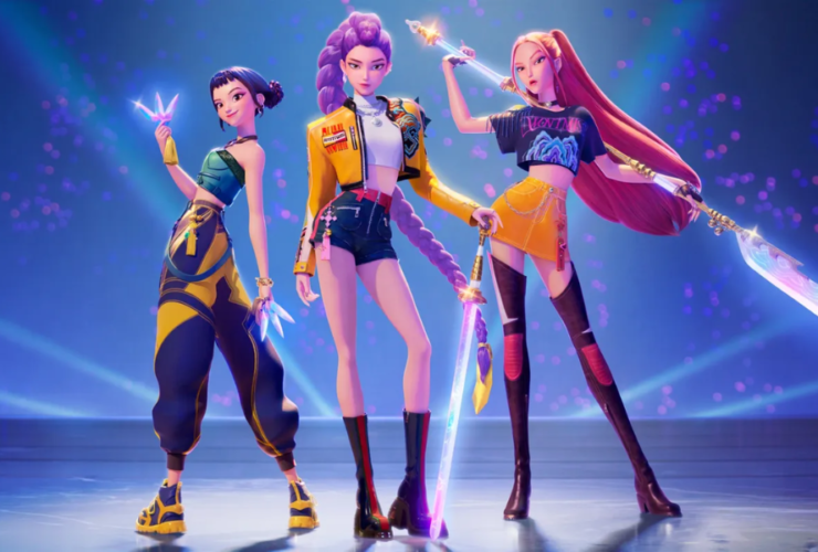 Imagem oficial da animação "Guerreiras do K-Pop", da Netflix, onde estão as personagens Rumi, Mira e Zoey.