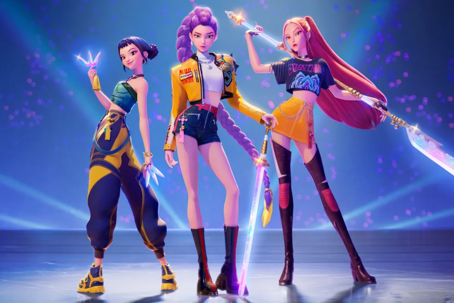 Imagem oficial da animação "Guerreiras do K-Pop", da Netflix, onde estão as personagens Rumi, Mira e Zoey.