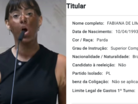 Imagem dividida, do lado esquerdo um recorte do discurso da deputada Fabiana Bolsonaro, durante o episódio de blackface na Alesp, do lado direito informação disponível no portal DivulgaCand do registo da deputada como parda.