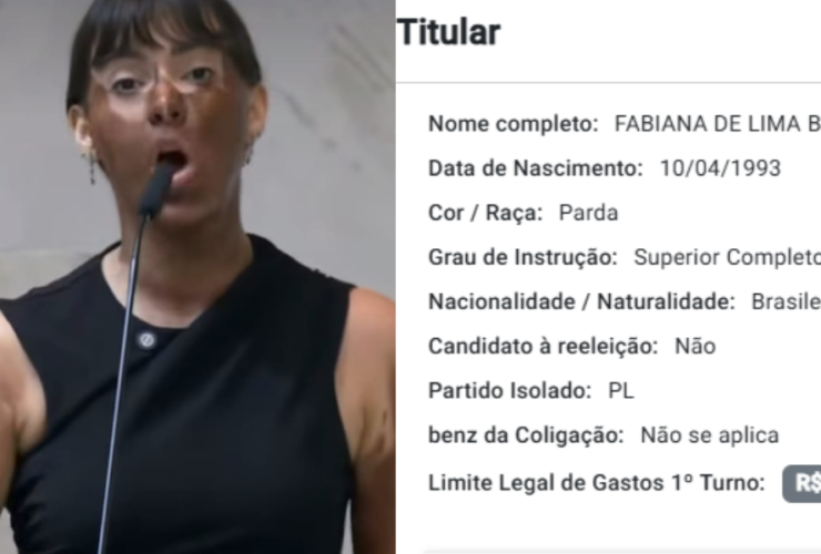Imagem dividida, do lado esquerdo um recorte do discurso da deputada Fabiana Bolsonaro, durante o episódio de blackface na Alesp, do lado direito informação disponível no portal DivulgaCand do registo da deputada como parda.