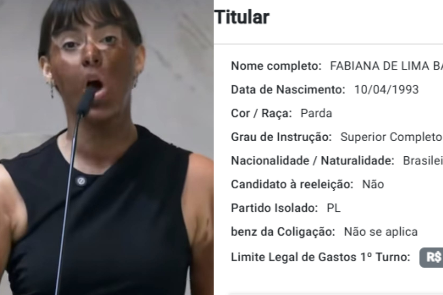 Imagem dividida, do lado esquerdo um recorte do discurso da deputada Fabiana Bolsonaro, durante o episódio de blackface na Alesp, do lado direito informação disponível no portal DivulgaCand do registo da deputada como parda.