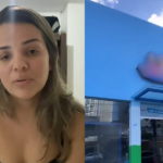 Imagem dividida, de um lado um recorte do vídeo da mãe denunciando o caso com o buffet infantil, do lado direito uma imagem da fachada do local com o nome borrado.
