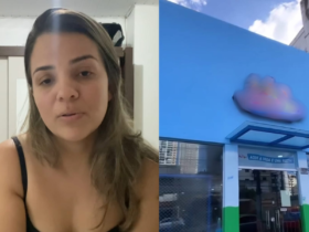 Imagem dividida, de um lado um recorte do vídeo da mãe denunciando o caso com o buffet infantil, do lado direito uma imagem da fachada do local com o nome borrado.