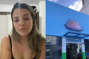 Imagem dividida, de um lado um recorte do vídeo da mãe denunciando o caso com o buffet infantil, do lado direito uma imagem da fachada do local com o nome borrado.
