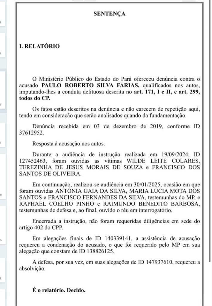 Sentença divulgada pela Justiça