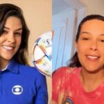 À esquerda, foto de divulgada de Renata Silveira na Globo. À direita, narradora em vídeo compartilhado na web