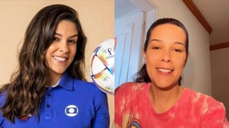 À esquerda, foto de divulgada de Renata Silveira na Globo. À direita, narradora em vídeo compartilhado na web