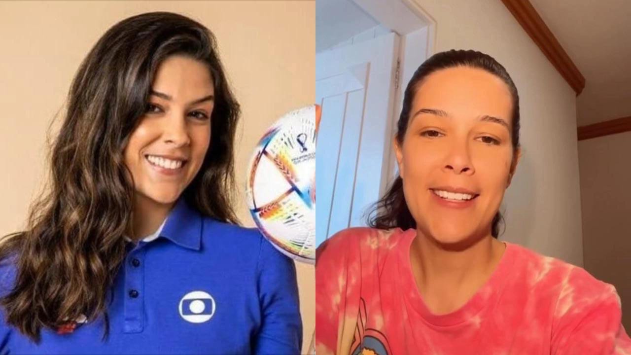 À esquerda, foto de divulgada de Renata Silveira na Globo. À direita, narradora em vídeo compartilhado na web