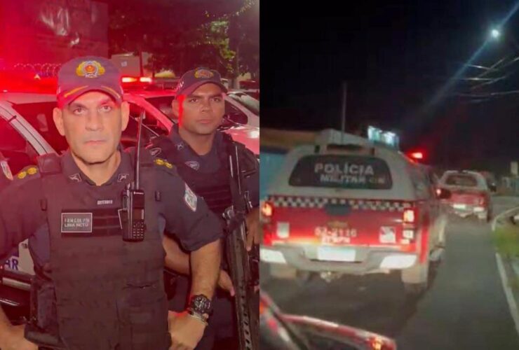 Tenente coronel da PM e viaturas patrulhando Marituba