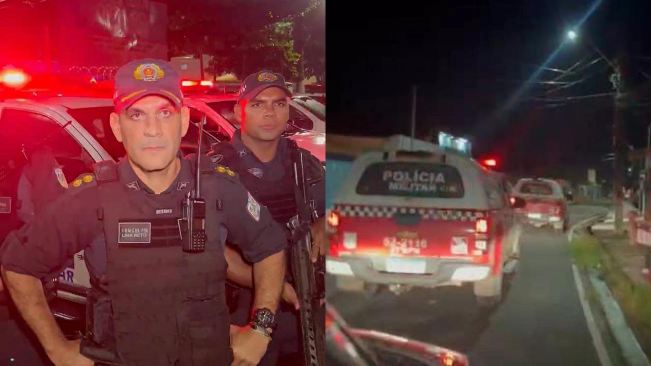 Tenente coronel da PM e viaturas patrulhando Marituba