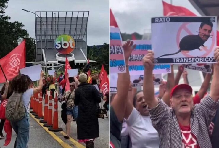 Manifestantes do MTST com placar e cartazes em frente ao SBT