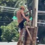 Homem em cima de escada danificando a câmera