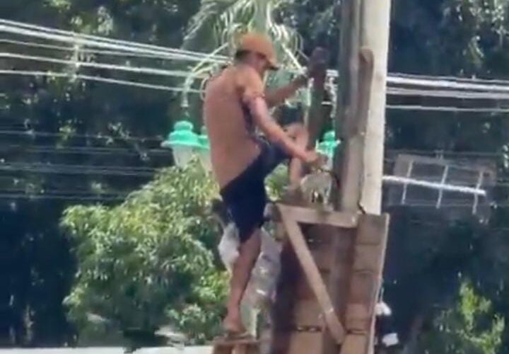 Homem em cima de escada danificando a câmera