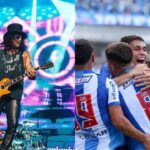 À esquerda, o guitarrista Slash. À direita, jogadores do Paysandu comemorando gol