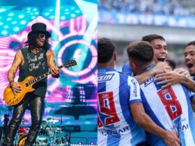 À esquerda, o guitarrista Slash. À direita, jogadores do Paysandu comemorando gol