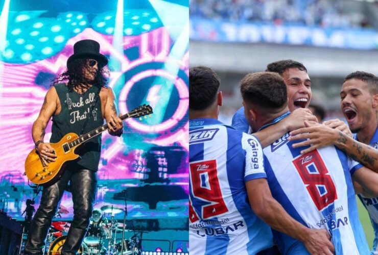À esquerda, o guitarrista Slash. À direita, jogadores do Paysandu comemorando gol