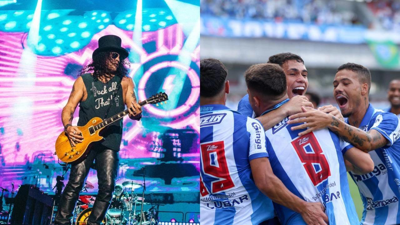 À esquerda, o guitarrista Slash. À direita, jogadores do Paysandu comemorando gol