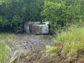 Carro virado na beira da estrada