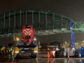 Equipes atuam na remoção da passarela, em Belém.