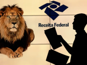 do lado esquerdo um leão e do lado direito um homem com ducmentos na mao