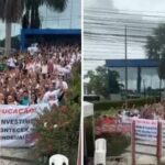 Professores de Ananindeua realizam ato em frente ao prédio da Prefeitura.