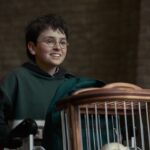 Personagem Harry Potter correndo com o carrinho com a coruja Edwiges