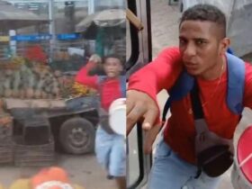 Ambulante ficou irritado e apedrejou coletivo após ser impedido de embarcar para vender produtos.