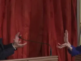 Emmanuel Macron e premiê japonesa fazendo o gesto de Dragon Ball