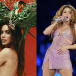 Imagem de Anitta no album “Equilibrivm” e Shakira cantando no palco de um show.