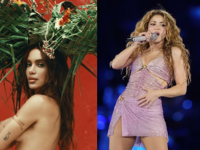 Imagem de Anitta no album “Equilibrivm” e Shakira cantando no palco de um show.