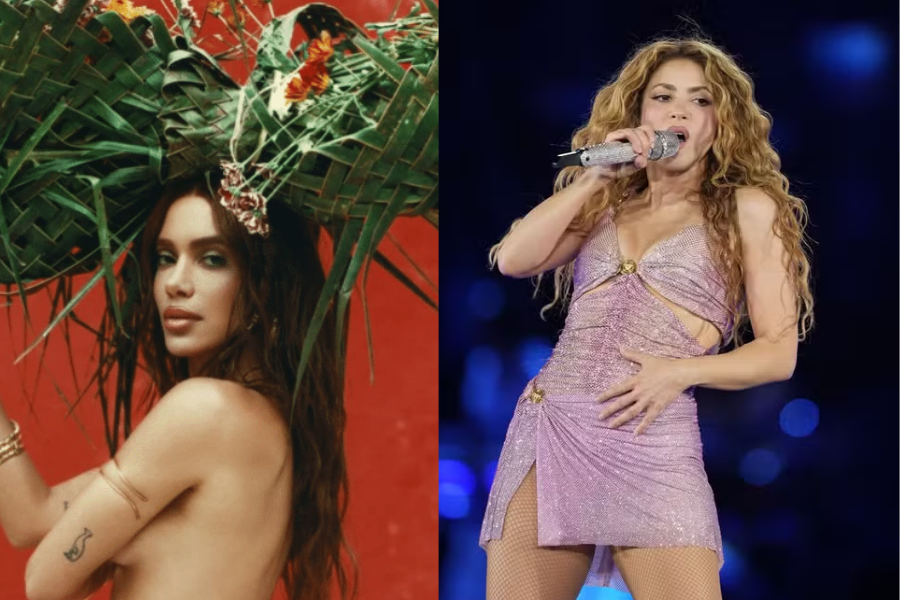 Imagem de Anitta no album “Equilibrivm” e Shakira cantando no palco de um show.