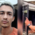 Imagens do suspeito de tentativa de feminicídio sendo preso.