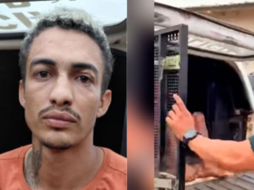 Imagens do suspeito de tentativa de feminicídio sendo preso.