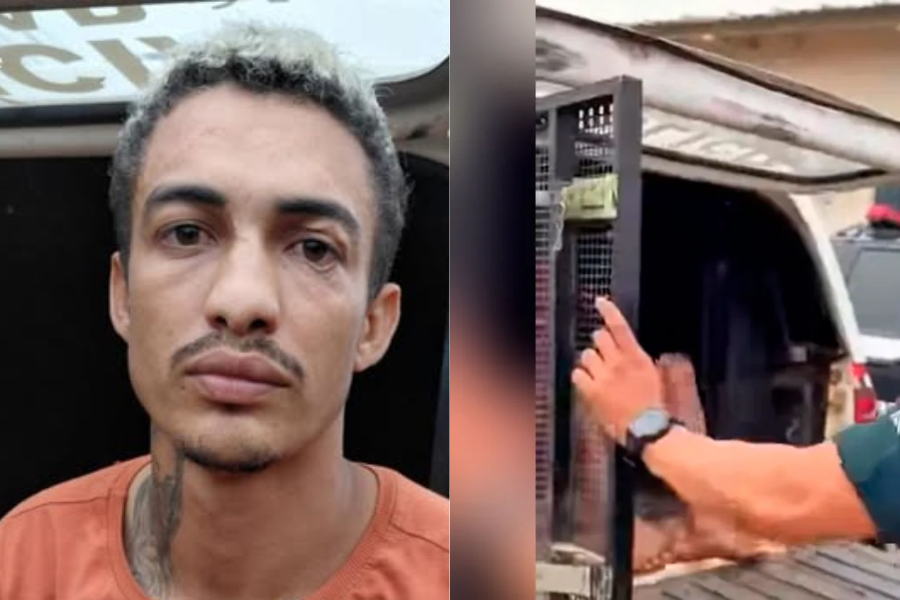 Imagens do suspeito de tentativa de feminicídio sendo preso.