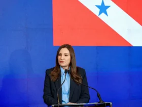 Governadora Hana Ghassan em coletiva nesta sexta-feira.