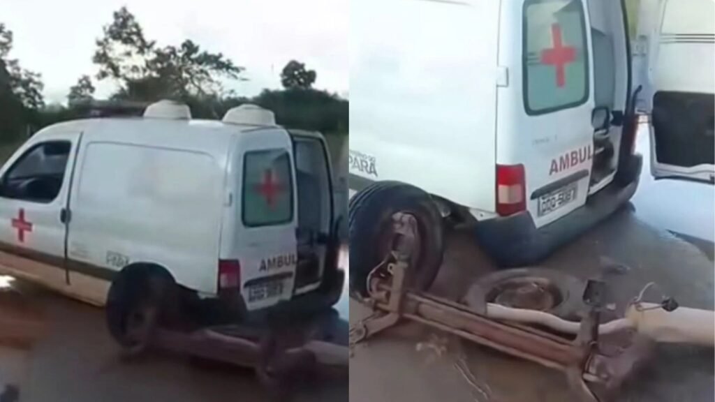 Veículo da Secretaria de Saúde ficou destruído após falha mecânica; moradores denunciam risco constante em transporte de pacientes.