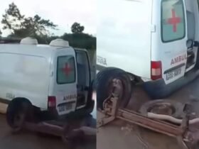 Veículo da Secretaria de Saúde ficou destruído após falha mecânica; moradores denunciam risco constante em transporte de pacientes.