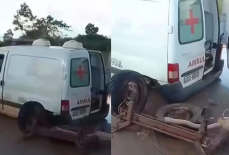 Veículo da Secretaria de Saúde ficou destruído após falha mecânica; moradores denunciam risco constante em transporte de pacientes.