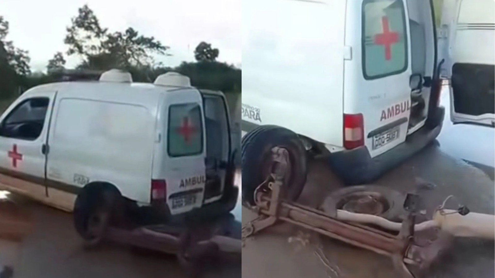 Veículo da Secretaria de Saúde ficou destruído após falha mecânica; moradores denunciam risco constante em transporte de pacientes.