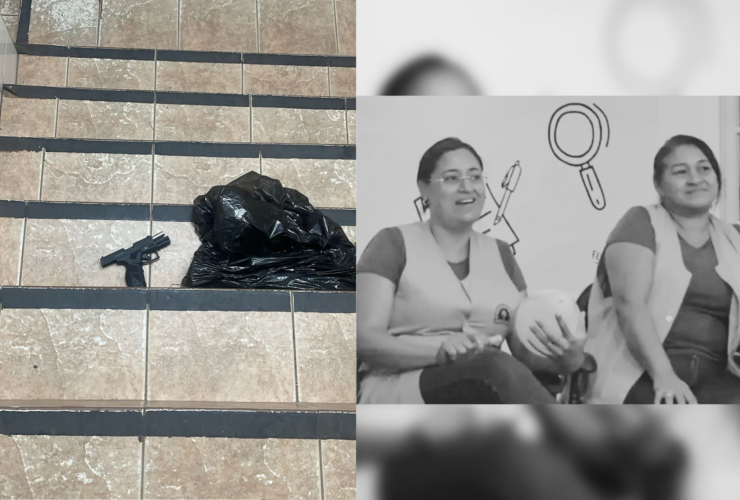 À esquerda, arma utilizada no crime, à direita, as vítimas