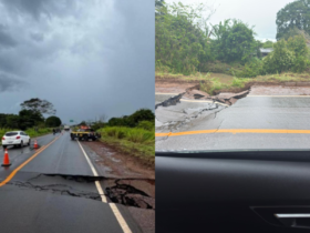 Imagens do trecho interditado da BR-010 com rachaduras no asfalto.