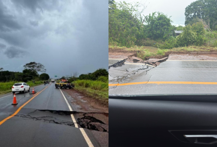 Imagens do trecho interditado da BR-010 com rachaduras no asfalto.