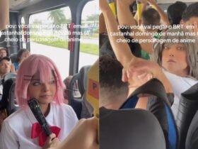 Cosplayers que participaram do Anime Geek, realizado em Belém, foram flagrados em um ônibus do BRT.