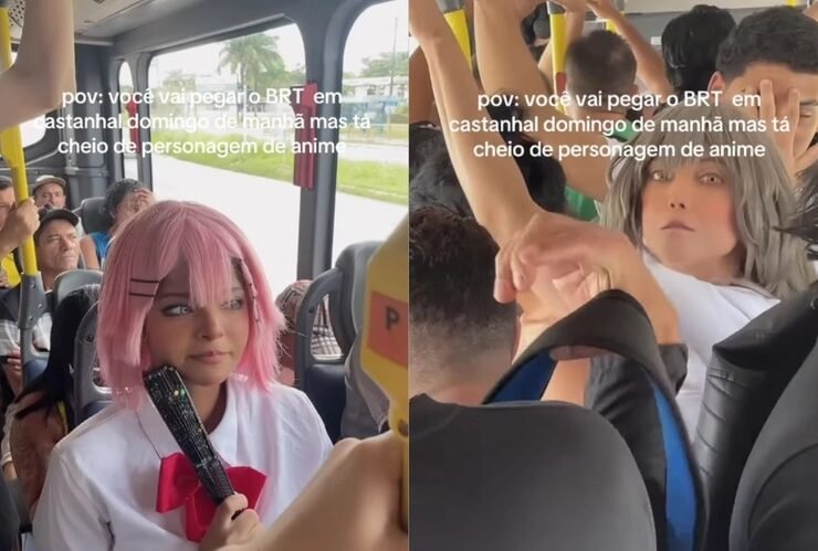 Cosplayers que participaram do Anime Geek, realizado em Belém, foram flagrados em um ônibus do BRT.