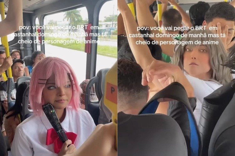 Cosplayers que participaram do Anime Geek, realizado em Belém, foram flagrados em um ônibus do BRT.