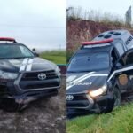 Policiais tiveram ferimentos leves após o acidente.