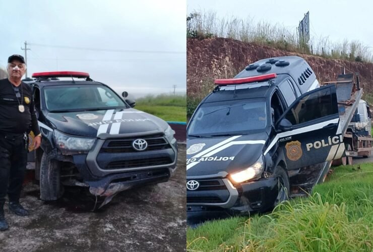 Policiais tiveram ferimentos leves após o acidente.