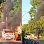 Veículo foi consumido pelas chamas entre as praias do Ariramba e São Francisco; causas do incêndio ainda serão investigadas.