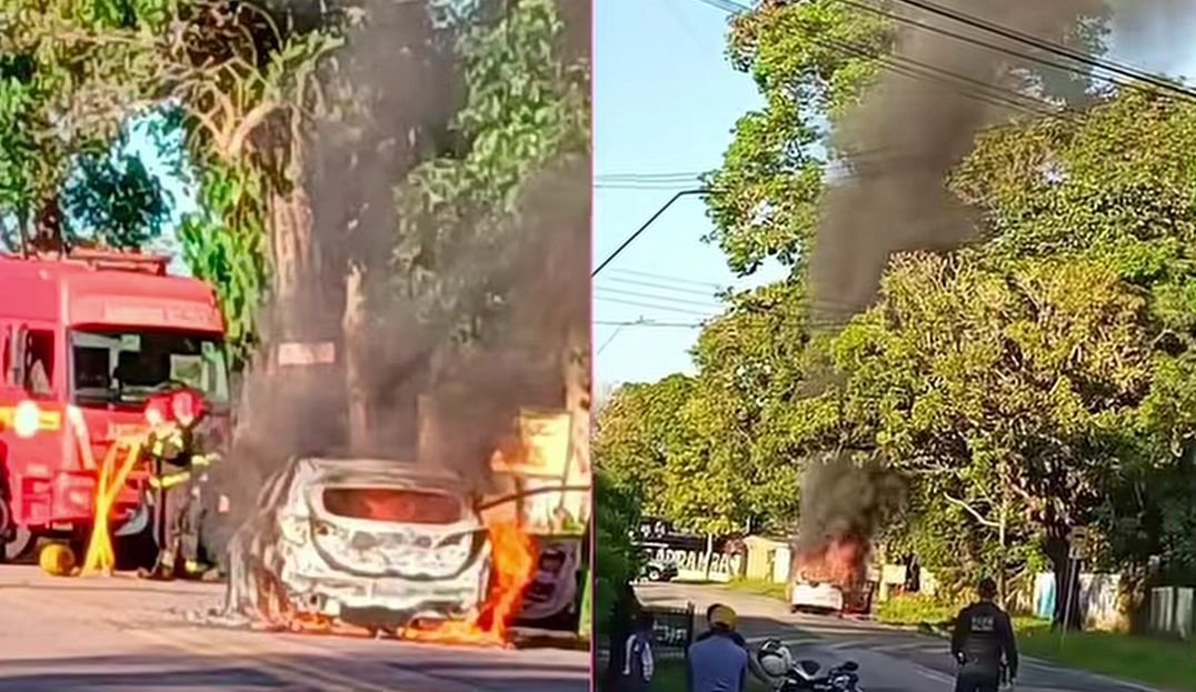 Veículo foi consumido pelas chamas entre as praias do Ariramba e São Francisco; causas do incêndio ainda serão investigadas.