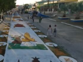 Manifestação religiosa reconhecida como patrimônio cultural do Pará mobilizou cerca de 1.500 voluntários na confecção de 1,3 quilômetro de tapetes coloridos pelas ruas da cidade.